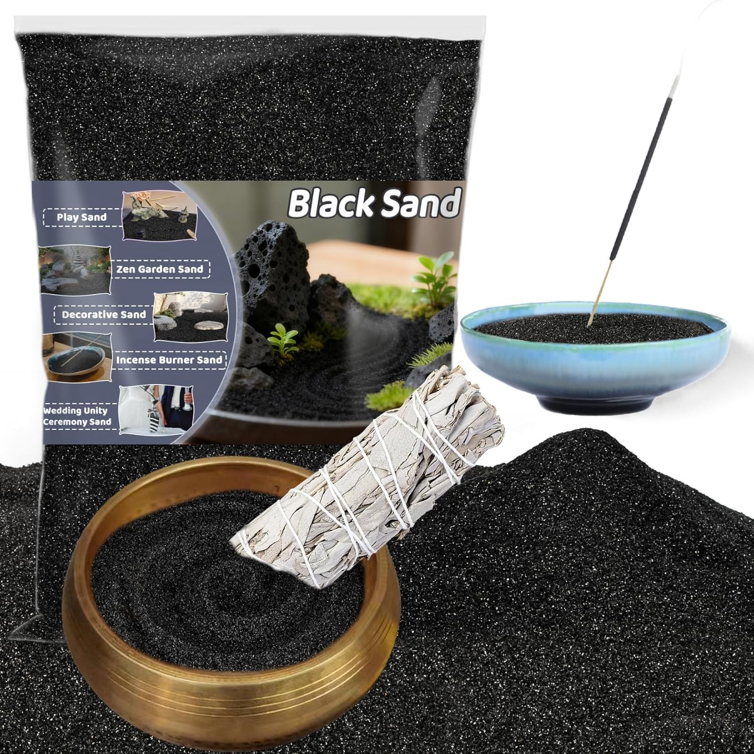 RAINFLOW 15 OZ Fine Balck Sand for Crafts - Colored Quartz Zen Garden Sand Decorative for Vases Filler, Wedding Unity Ceremony, Incense Burner, Ritual Incense,Eco Bottle