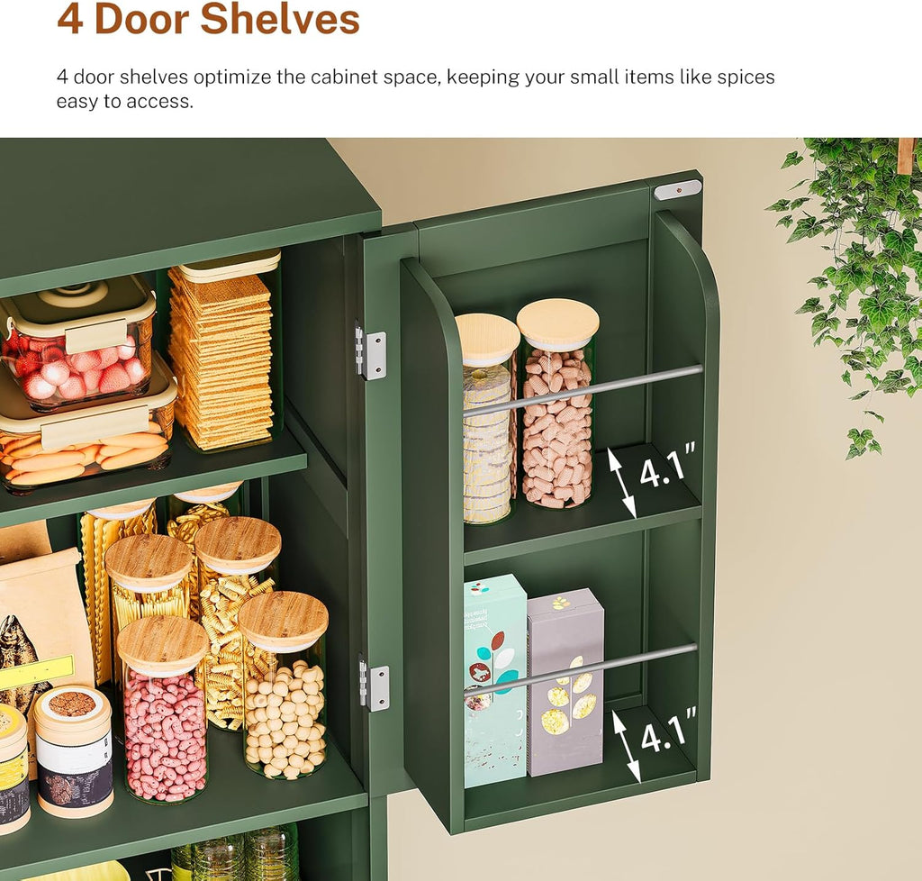 TEENFON Kitchen Pantry Cabinet with Adjustable Shelf, Tall Storage Cabinet with 2 Drawers & 4 Door Shelves, Food Pantry Cabinets, for Kitchen, Dining Room, Living Room, Green