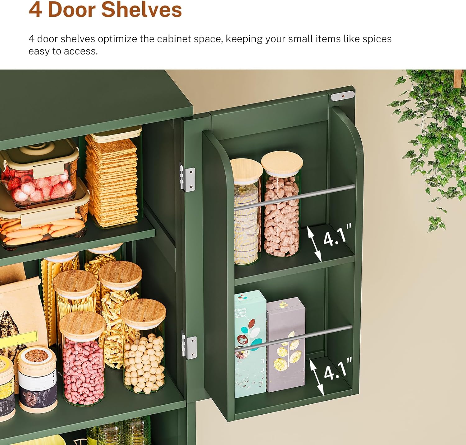 TEENFON Kitchen Pantry Cabinet with Adjustable Shelf, Tall Storage Cabinet with 2 Drawers & 4 Door Shelves, Food Pantry Cabinets, for Kitchen, Dining Room, Living Room, Green