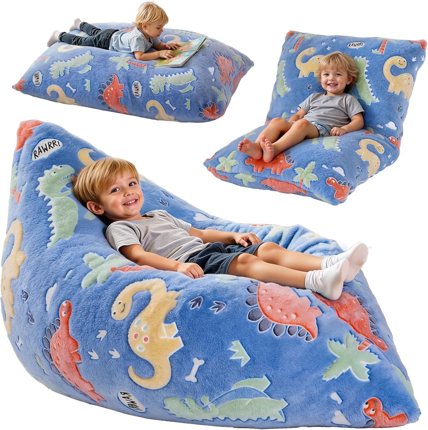 BRINJOY Kids Bean Bag Chair Bed, 3 in 1 Memory Foam Filled Bean Bag Sofa with Removable Cover for Playroom Daycare Bedroom, Toddlers Lazy Floor Mattress Lounger for Boys Girls, Glowing Dinosaur