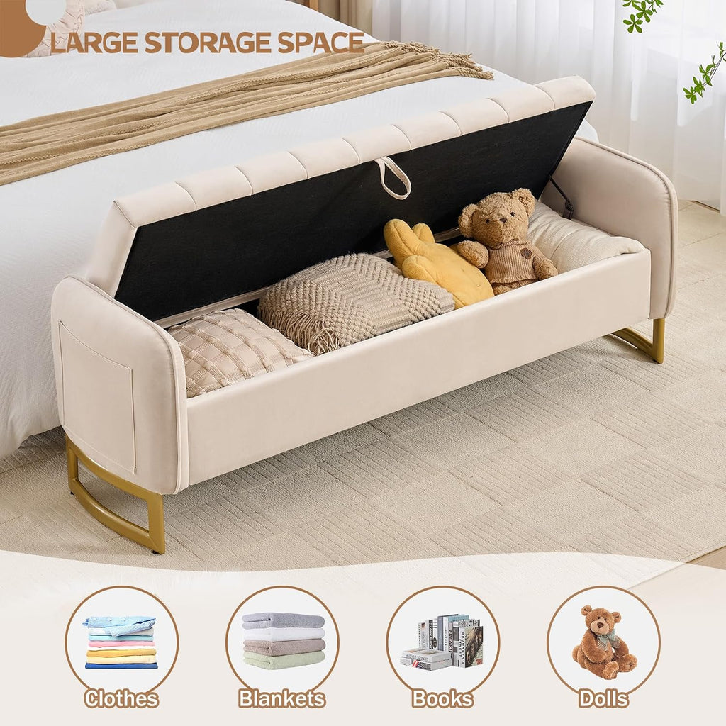 66" Storage Bench for Bedroom End of Bed, King Size Bed Bench with Golden Legs,Storage Ottoman Bench with Arms and 2 Pillows for Foot of Bed Living Room Window Entryway, Beige