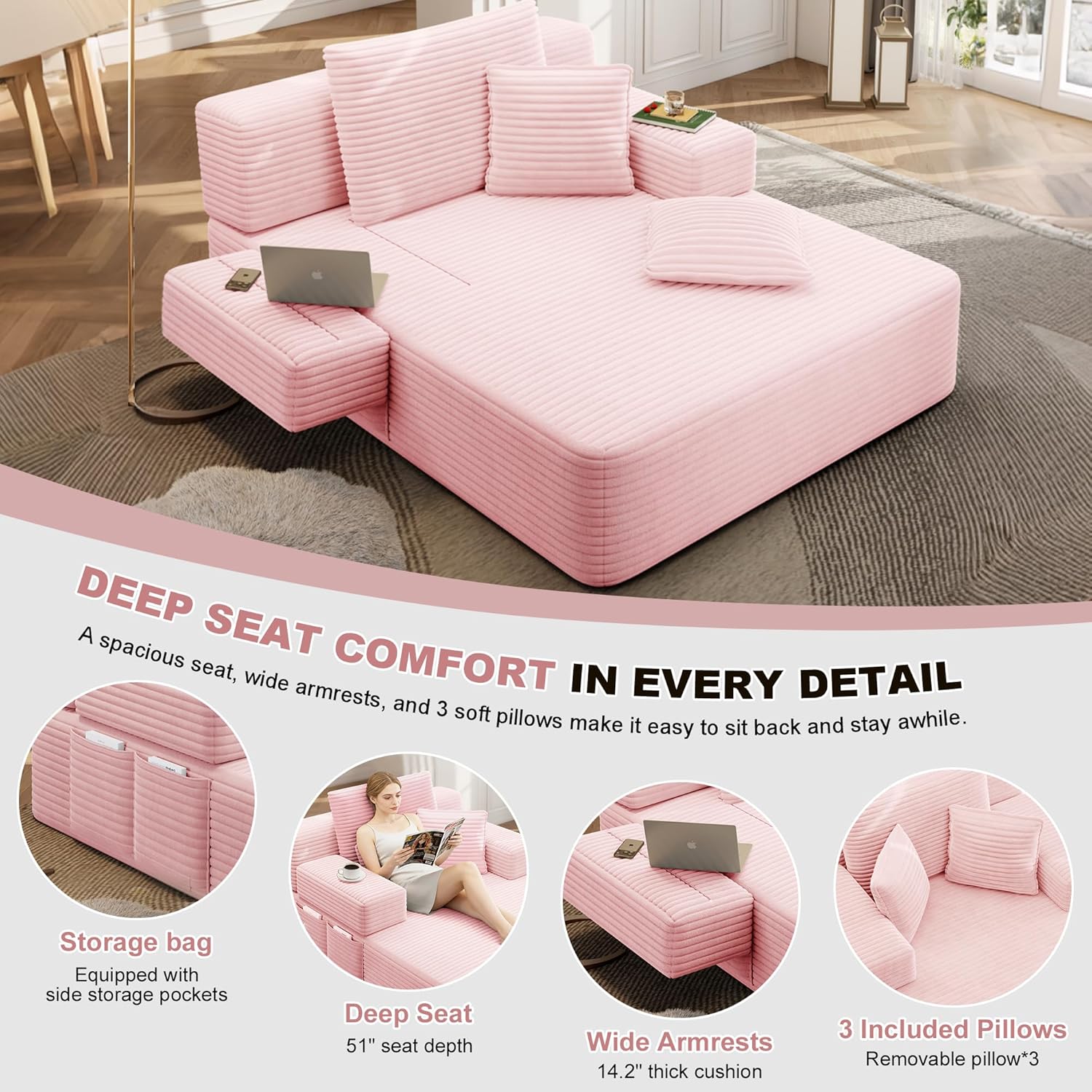 60.2" Oversized Chaise Lounge Chair, Boneless Corduroy Cloud Couch, Deep Seat Convertible Sofa Bed with 3 Pillows, Wide Armrests, Side Pocket, No Assembly (Baby Pink)