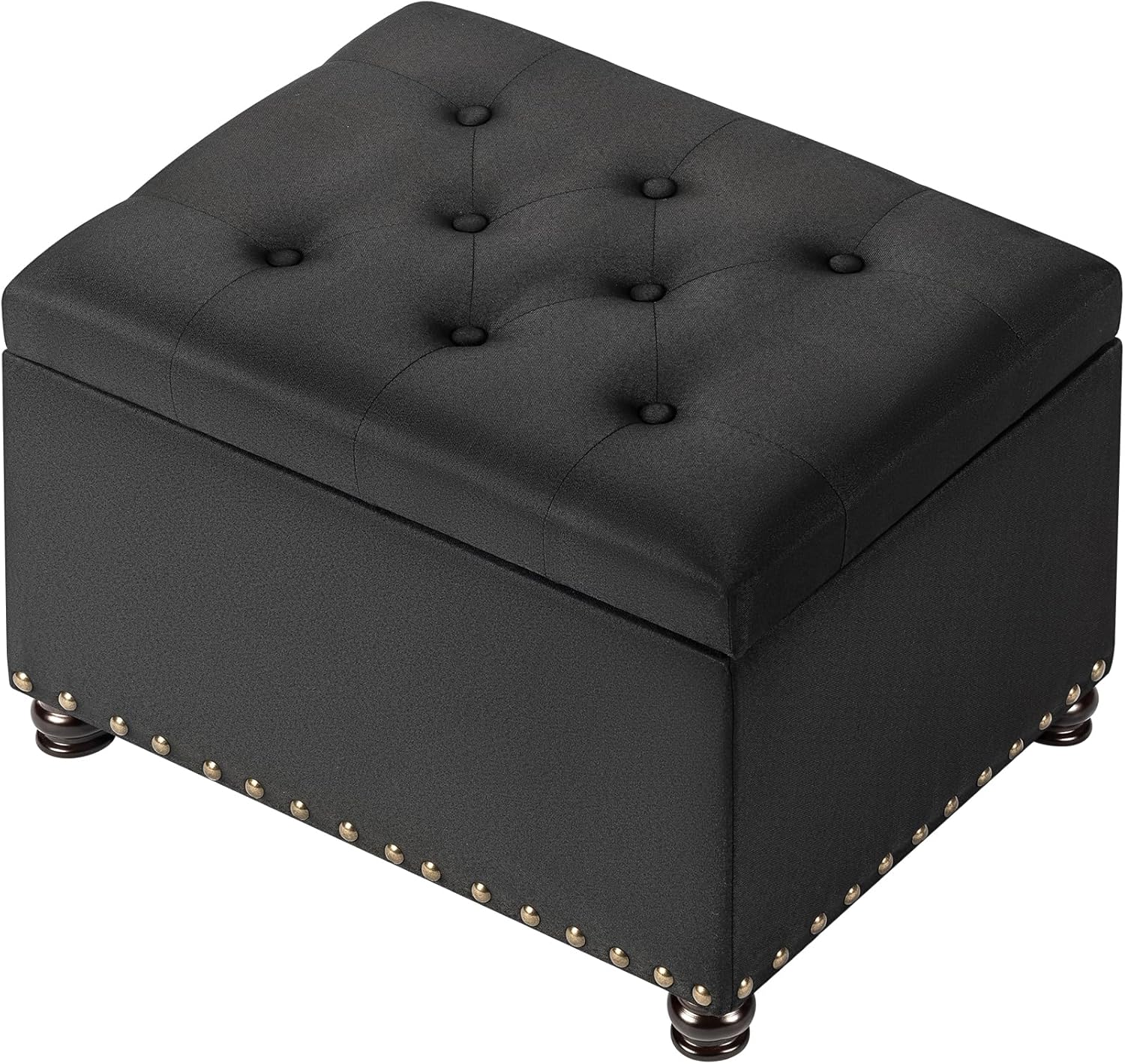 24" Storage Ottoman, Fabric Ottoman Foot Rest Stool with Hinged Lid, Tufted Rectangle Upholstered Footstool, Load Up to 350 lb, for Living Room, Bedroom, Dorm, Black