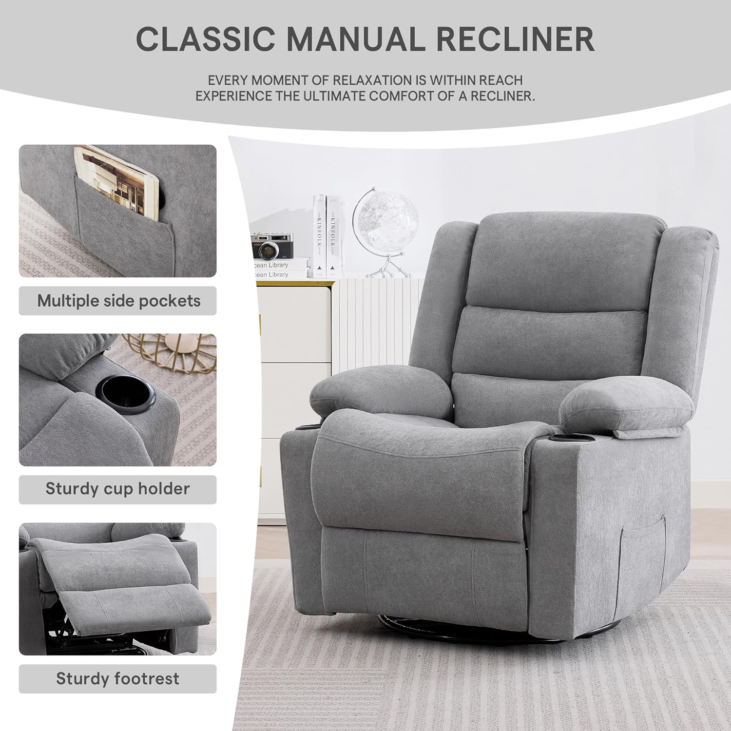 360°Swivel Rocking Chairs for Adult,Recliner Chair with Side Pockets and Cup Holders,Rocker Recliner with a Suitable for Living Rooms,Bedrooms,Light Grey
