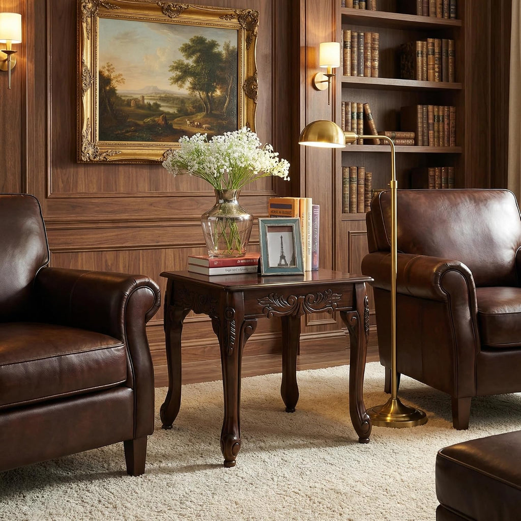 Traditional Dark Cherry Wood End Table for Living Room, Vintage Wooden Side Table with Ornate Detailing and Claw Feet