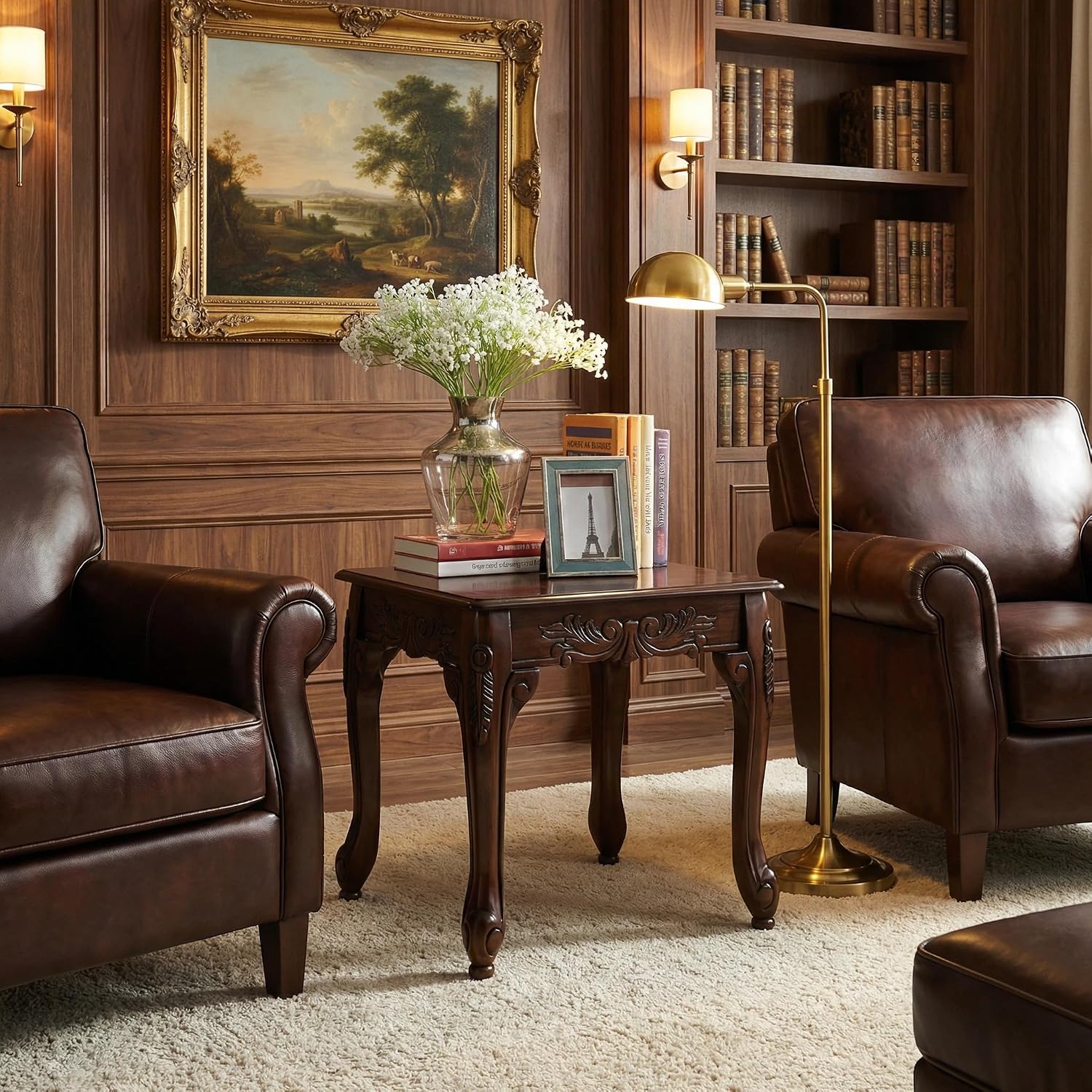 Traditional Dark Cherry Wood End Table for Living Room, Vintage Wooden Side Table with Ornate Detailing and Claw Feet