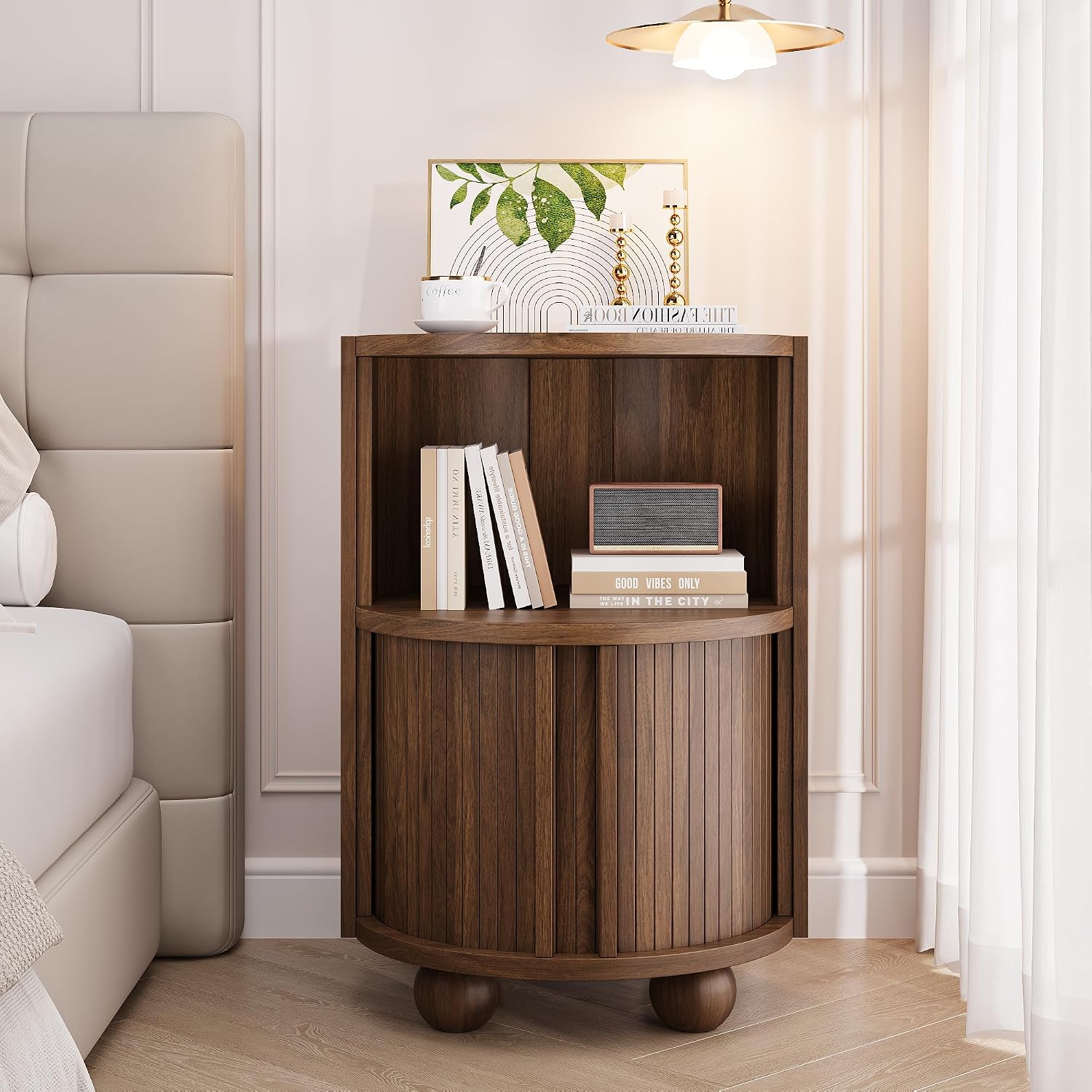 Decofy Modern Round Nightstands Set of 2 with Sliding Doors and 2 Storage Shelves, Modern Bedside End Table, Suitable for Bedroom (Walnut)