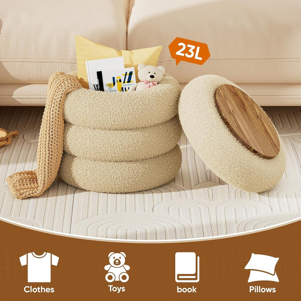 Soft Teddy Round Ottoman with Tray, 17.5 Inches Ottoman Coffee Table with Storage for Living Room, Vanity Stool with Storage Bedroom, Load up to 300 lb, No Assembly Required (Beige)