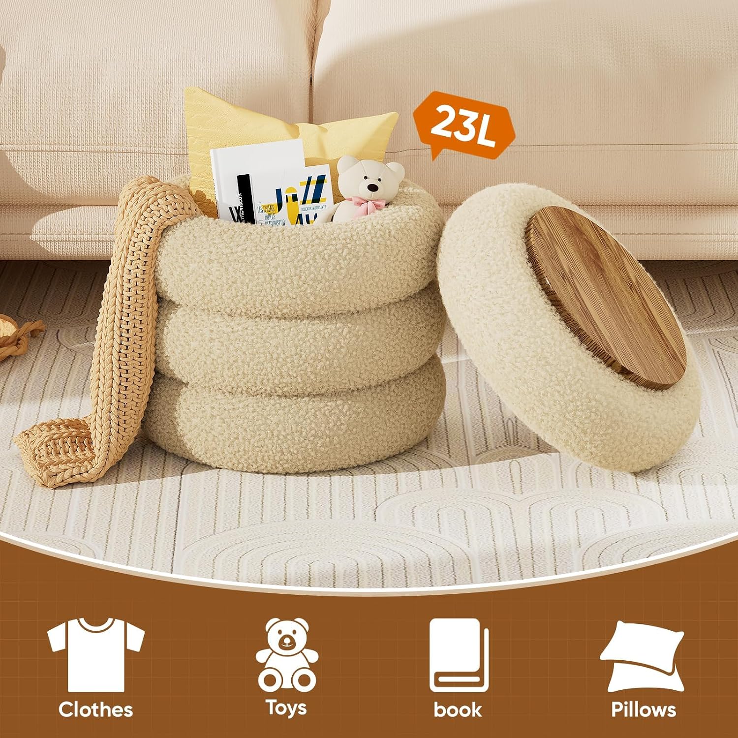 Soft Teddy Round Ottoman with Tray, 17.5 Inches Ottoman Coffee Table with Storage for Living Room, Vanity Stool with Storage Bedroom, Load up to 300 lb, No Assembly Required (Beige)