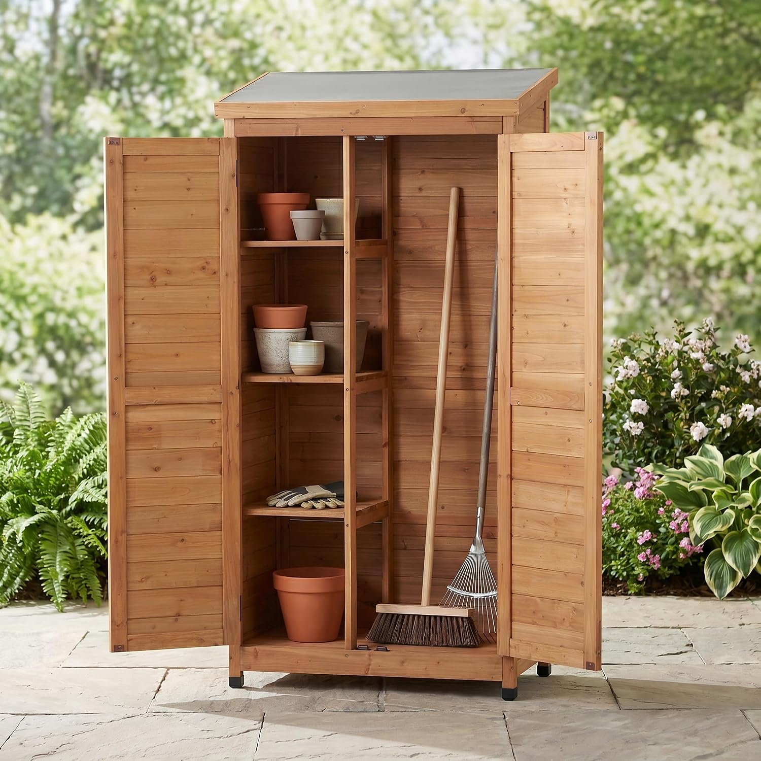 Outdoor Metal Top Wooden 3 Adjustable Shelves Storage Sheds Garden(Light Brown)