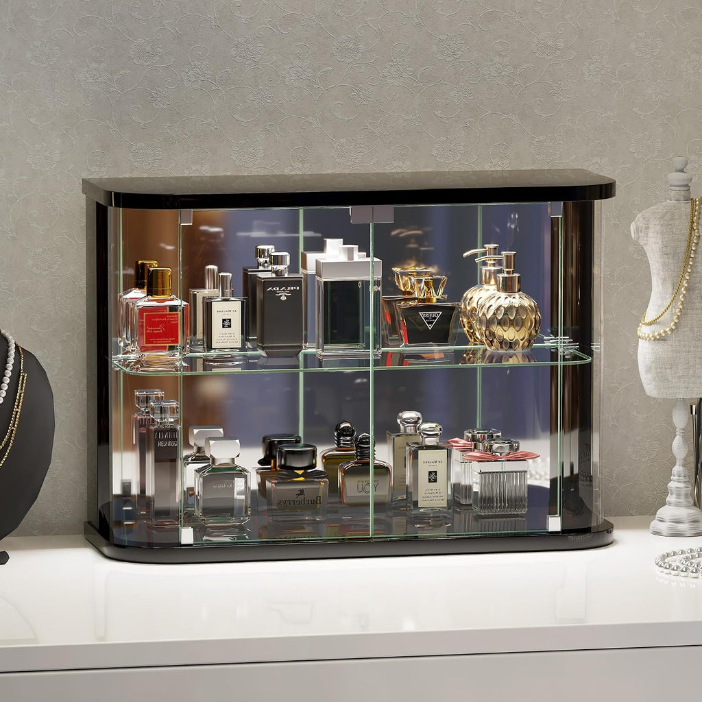 Lvifur Rounded Glass Display Case - for Figures & Collectibles, 2-Tier Curio Display Cabinet with RGB Lights, Small Lighted Display Box with Glass Door, Glass Shelf, Mirror Back, Black