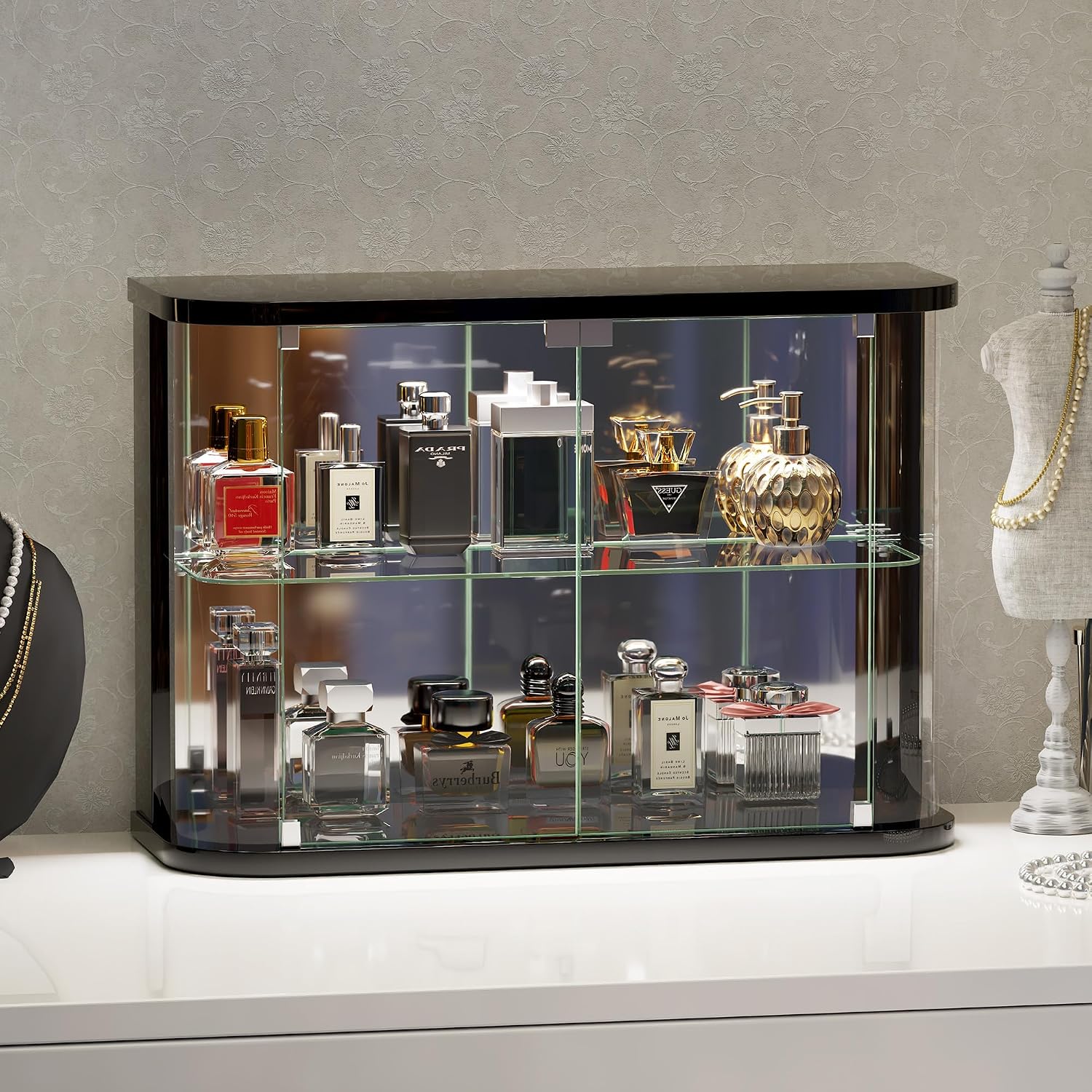 Lvifur Rounded Glass Display Case - for Figures & Collectibles, 2-Tier Curio Display Cabinet with RGB Lights, Small Lighted Display Box with Glass Door, Glass Shelf, Mirror Back, Black