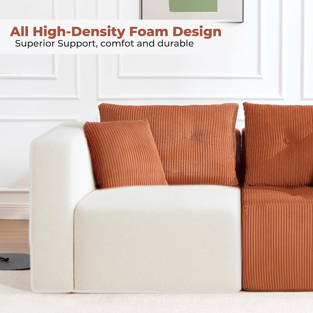 73" Loveseat Modular Sectional Sofa, Oversized 2-Seater Boneless Tufted Cloud Couch with Cup Holder and Movable Ottoman, Corduroy Upholstery Small Couches for Living Room, No Assembly Orange
