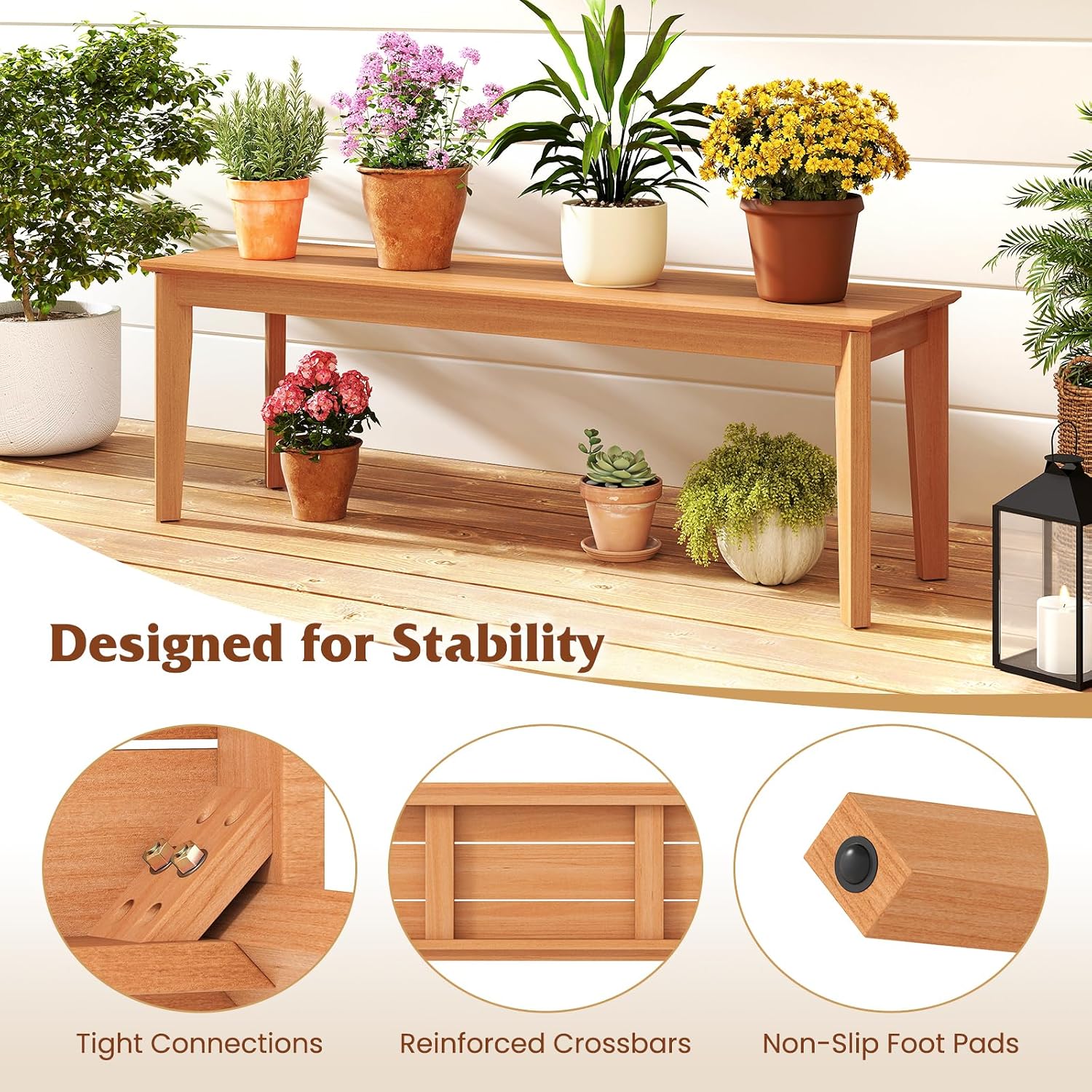 Tangkula 55" Teak Wood Outdoor Bench, 3-Person Backless Patio Dining Bench with 880 LBS Weight Capacity, Outdoor Patio Bench Seat for Garden, Front Porch and Backyard