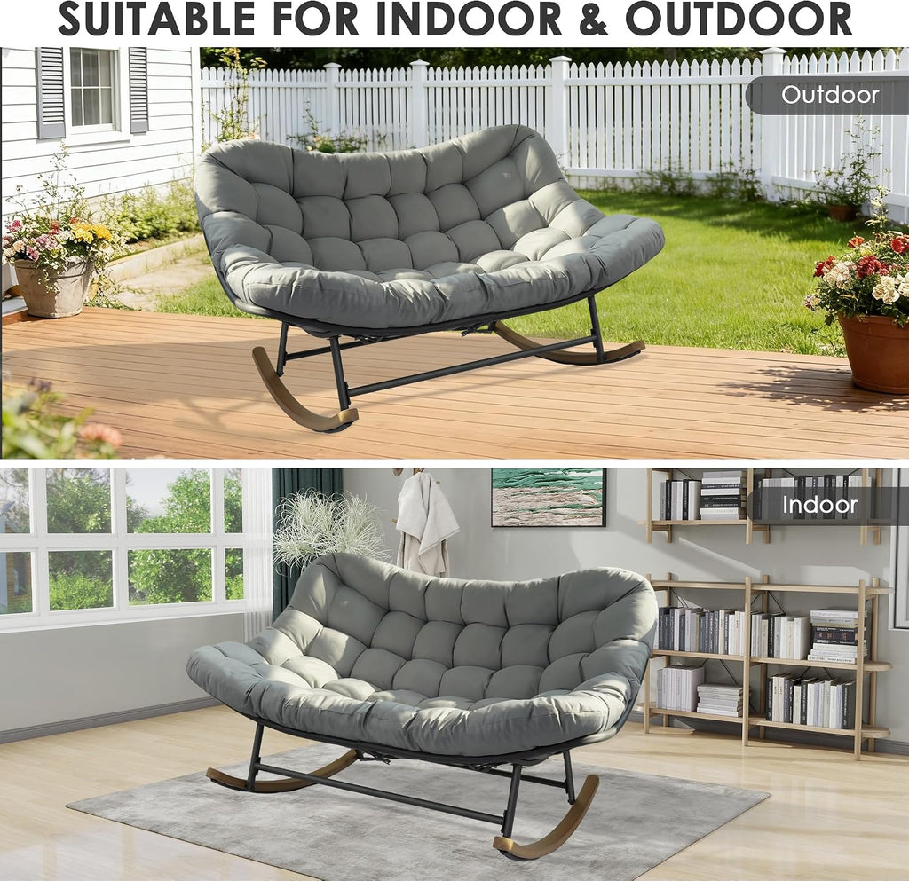 Double Papasan Rocking Chair, Oversized Outdoor & Indoor Loveseat with Thick Cushion, Heavy-Duty Steel Frame, 660 lbs Capacity, Egg Rocking Chair for Porch, Patio, Garden, Living Room (Gray)