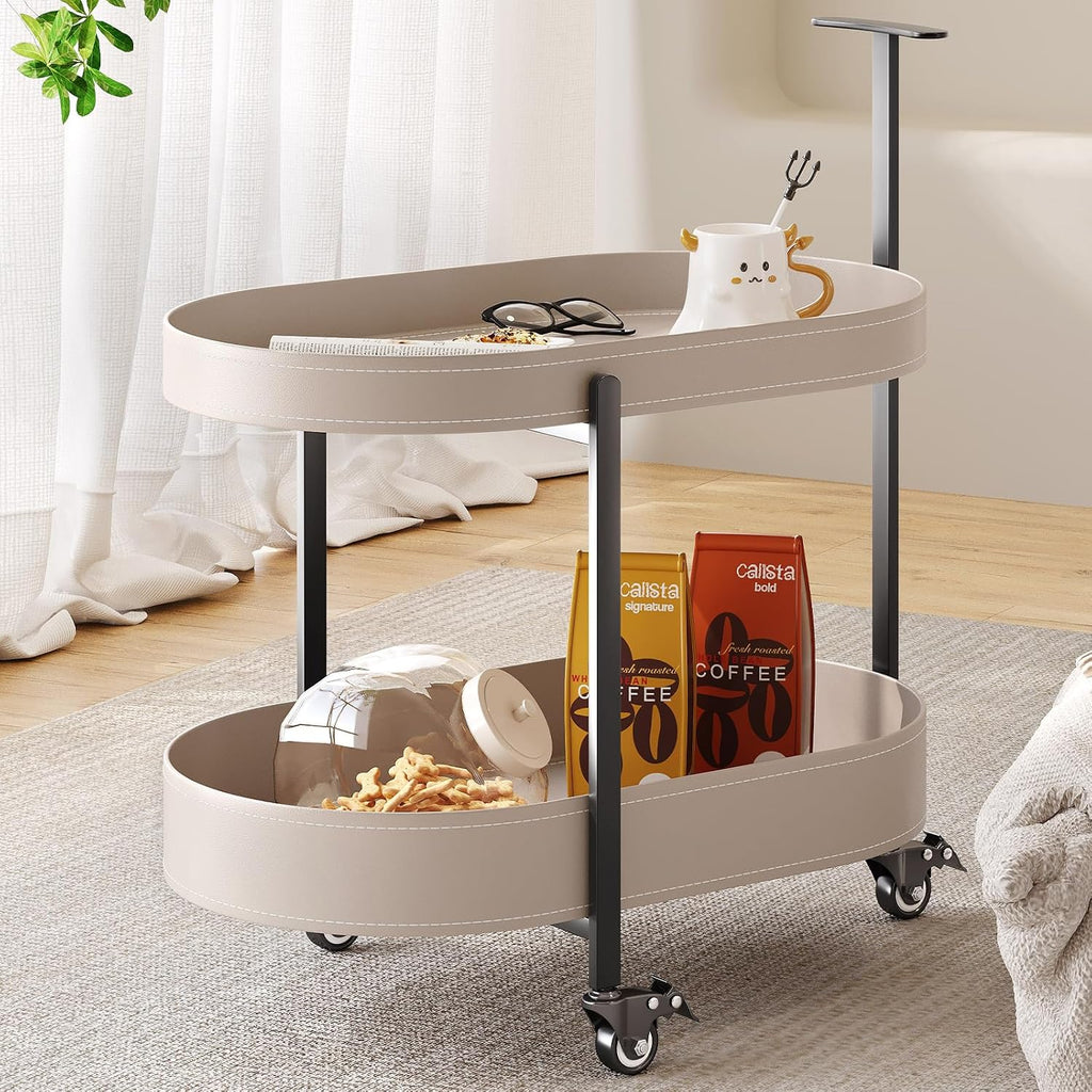 Oval Mobile Side Table with Lockable Wheels,Modern 2-Tier Storage Bedside Table,End Table for Living Room, Bedroom, Small Space,Easy Assembly