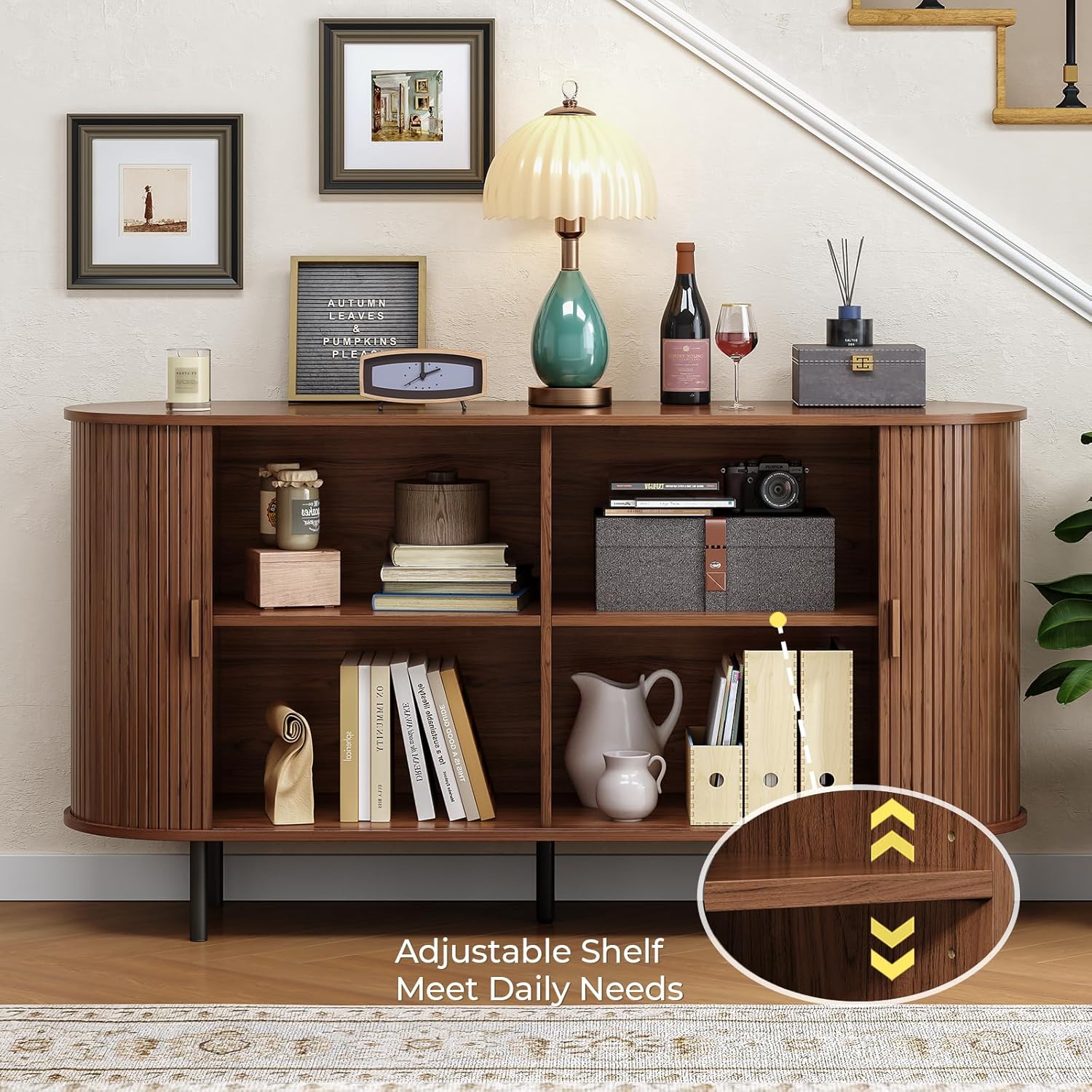 Buffet Cabinet with Storage, 55" Fluted Sideboard Buffet with Sliding Door, Coffee Bar Cabinet with Adjustable Shelf, Console Table, Accent Table for Entryway, Kitchen, Dining Room, Walnut