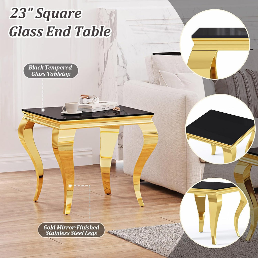 Square Glass End Table, 23" Modern Side Table with Black Tempered Glass Top and Gold Mirror-Finished Stainless Steel S-Shaped Legs, Modern Luxury End Table for Living Room or Bedroom
