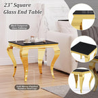 Square Glass End Table, 23" Modern Side Table with Black Tempered Glass Top and Gold Mirror-Finished Stainless Steel S-Shaped Legs, Modern Luxury End Table for Living Room or Bedroom