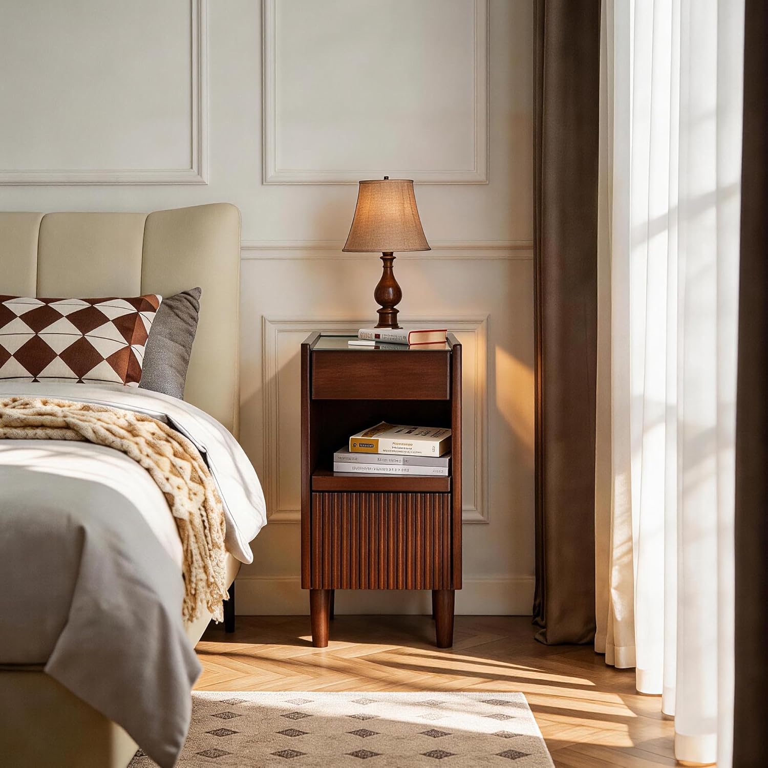 Solid Wood End Table with Glass Top and Drawers, Narrow Nightstand with Pull-Out Tray, Unique Bedside Table, Small Side Table with Storage for Bedroom, Living Room, Walnut