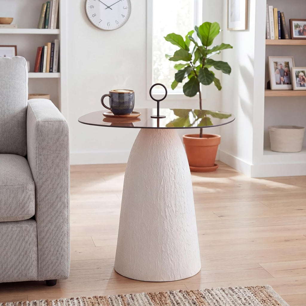 Christopher Knight Home Bruce Modern Coffee Table, Round Side Table with Glass Top and Metal Base, Living Room Sofa End Table, Brown+White