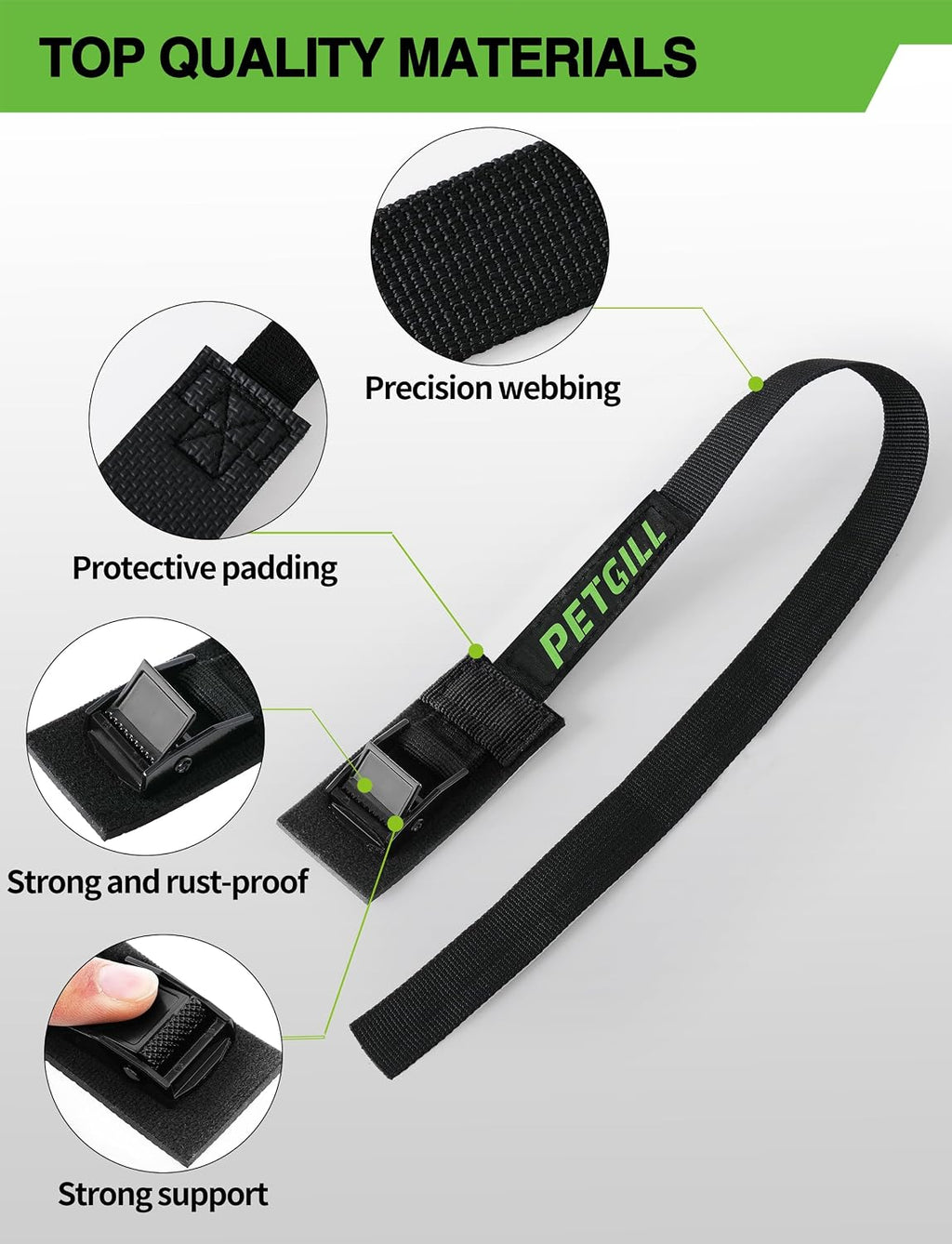 EBike Rack Straps, 4 Pieces, 16 in (40 cm) Length, 0.8 mm Width, 440 lbs (200 kg) Load Capacity, Clamp Lock Lashing Straps for All Bike Racks, Roof Racks & Kayaks(Packaging May Vary)