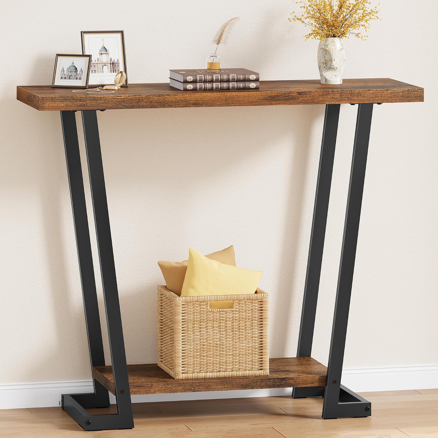 2 Tier Narrow Console Table, 31.5'' Entryway Table, Rustic Brown | Industrial Console Table with Storage, Thin Entryway Table for Foyer, Entrance, Hallway, Living Room, Corridor, Office