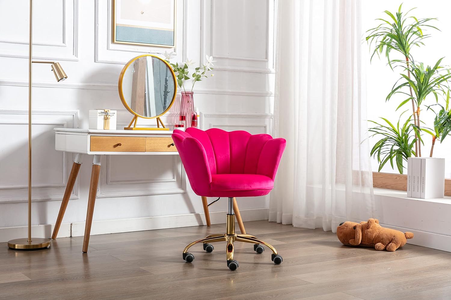 Comfy Home Office Task Chair with Wheels, Cute Modern Upholstered Velvet Seashell Back Adjustable Swivel Vanity Desk Chair, for Women, for Girls,Living Room (Rose red)