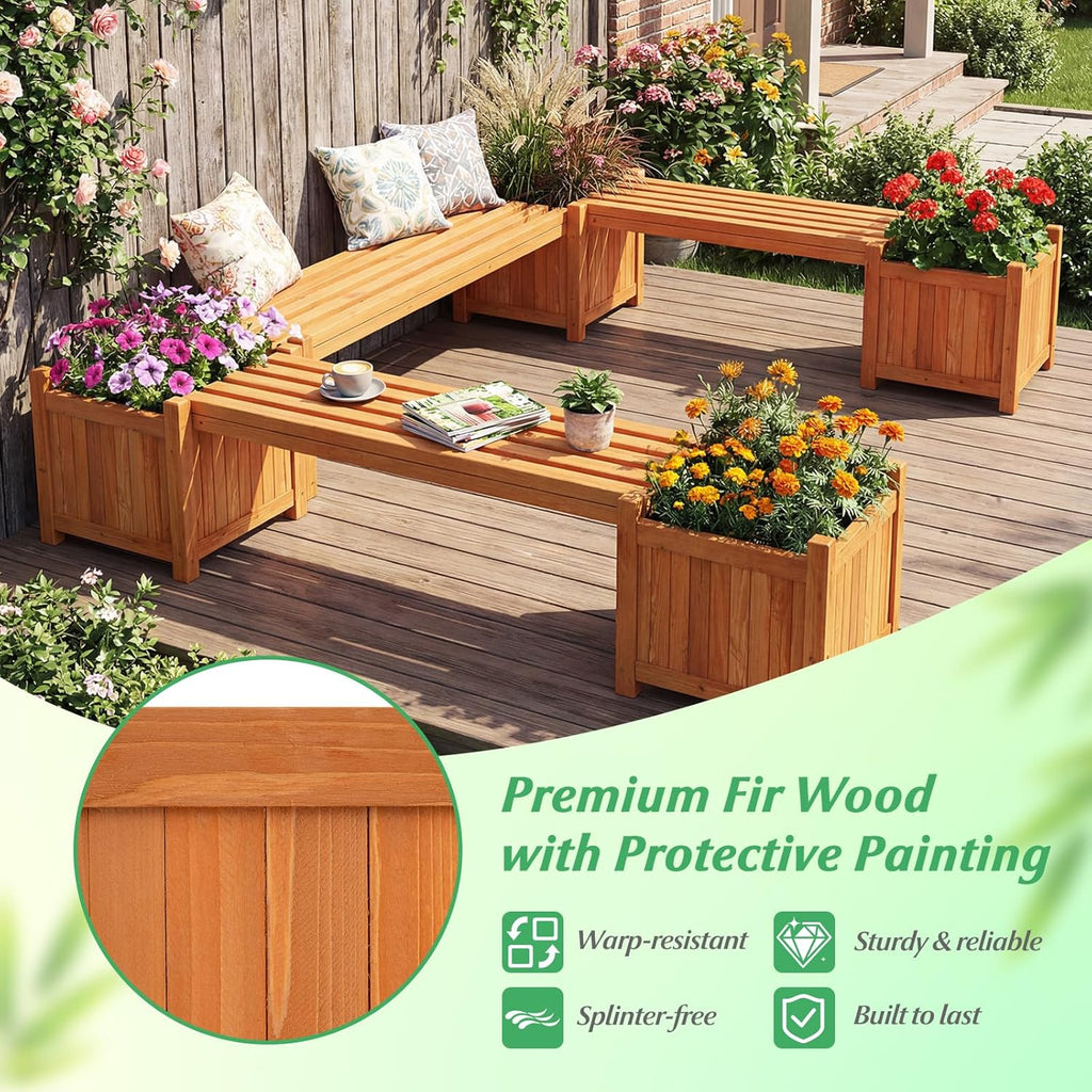 HAPPYGRILL 2-in-1 Outdoor Bench with 2 Raised Garden Beds, 2 Person Patio Bench with Teak Oil Finish, Open-Ended Base, Wooden Garden Bench for Flowerpots, Indoor Patio Yard Porch Decoration (1)