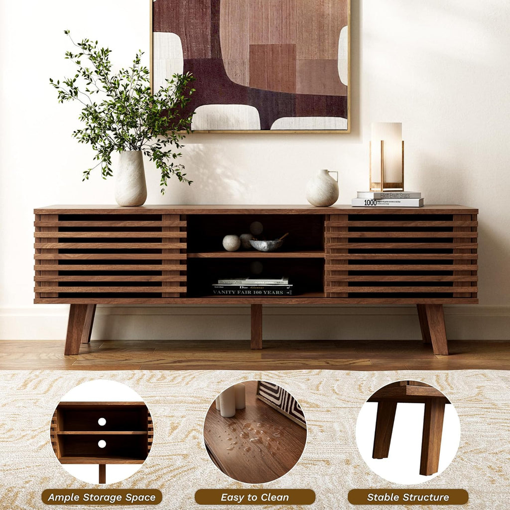 Furniway Living Room Table Sets of 2, Mid Century Coffee Table and TV Stand, Wood Coffee Table with Storage, Modern TV Stand for Bedroom, Living Room, Walnut