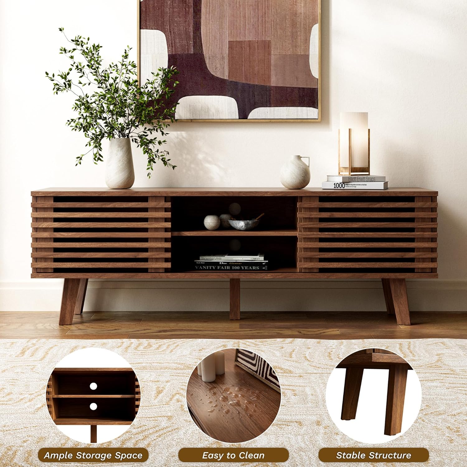 Furniway Living Room Table Sets of 2, Mid Century Coffee Table and TV Stand, Wood Coffee Table with Storage, Modern TV Stand for Bedroom, Living Room, Walnut