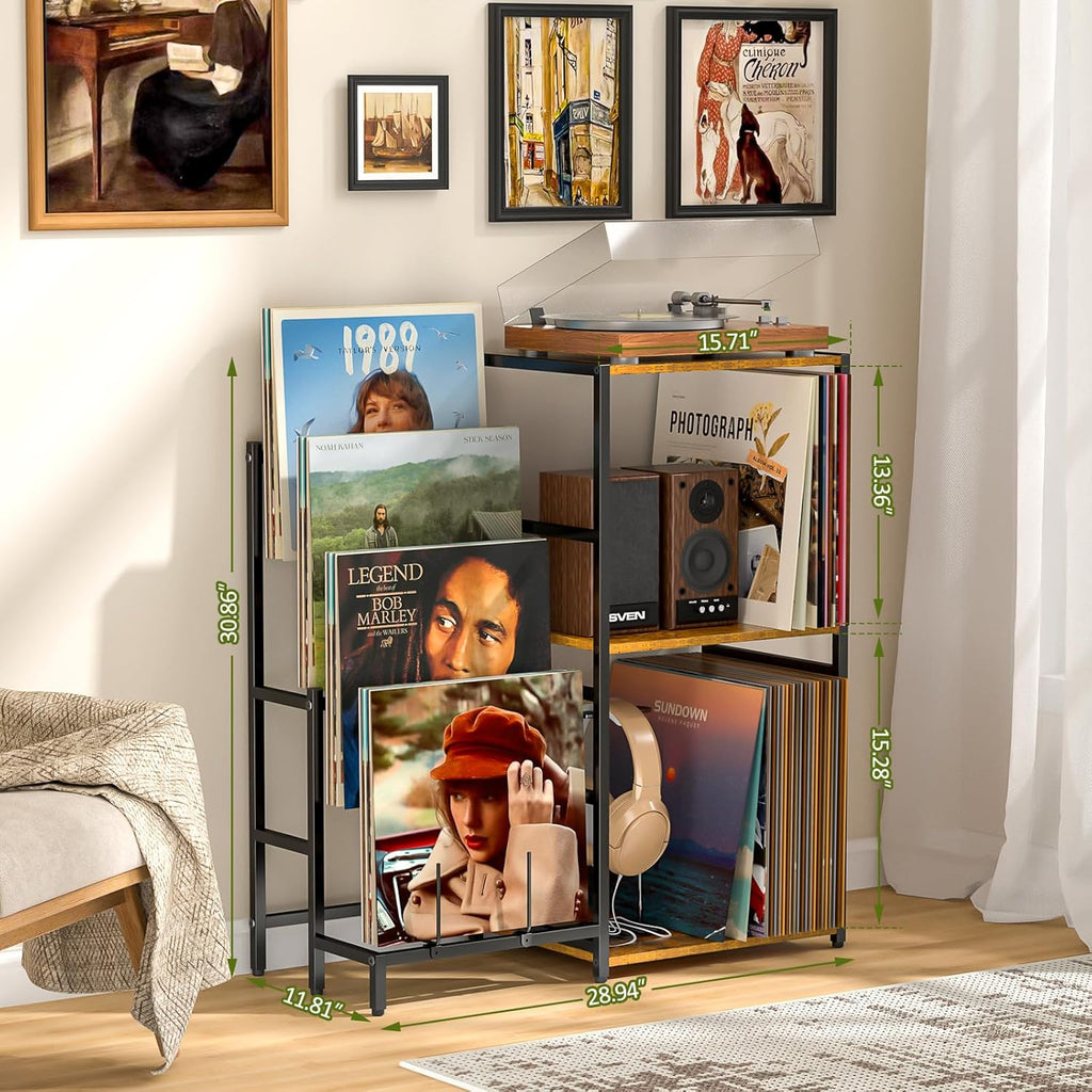 Record Player Stand, Turntable Stand with 4-Tier Vinyl Record Storage, Record Player Table Storage up to 200+ Albums, Record Player Cabinet with Vinyl Display Holder Shelf, vinyl Table for Living Room