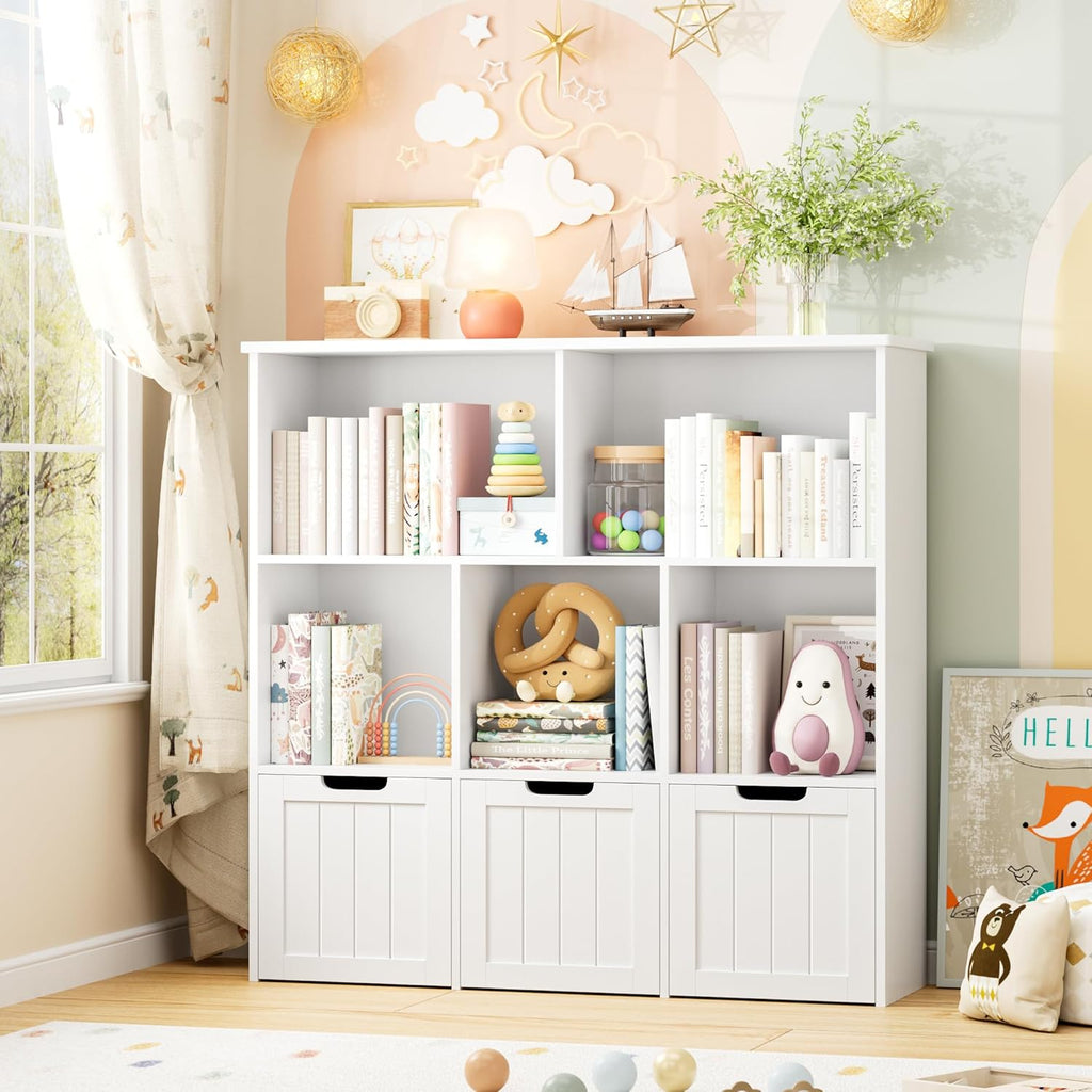 FOTOSOK Toy Storage Organizer with 3 Movable Drawers, Toy Organizer with Hidden Wheels and 5 Open Cubbies, Stuffed Animal Storage Organizer, Multifunctional Toy Chest for Playroom, White