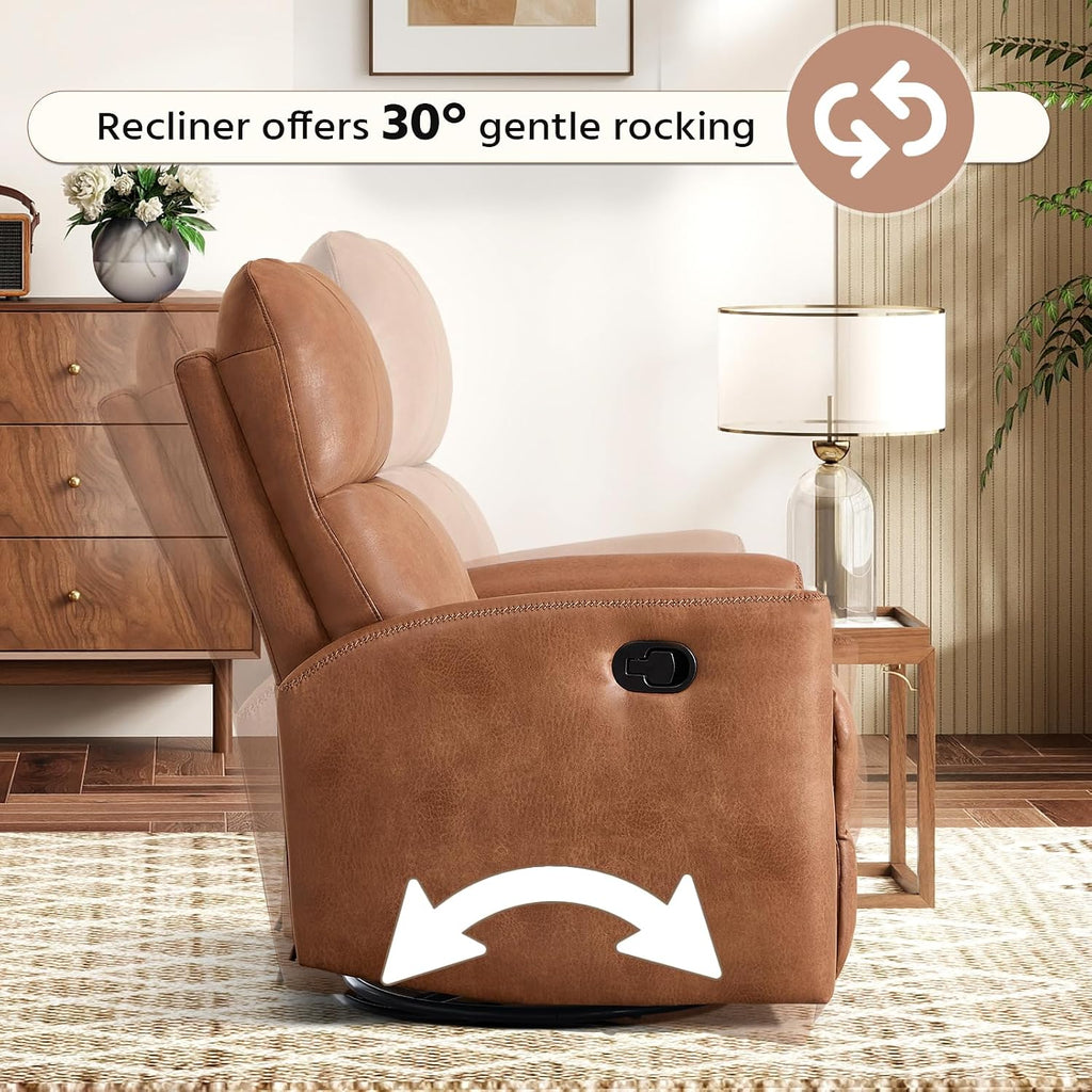 HAOMARKETS Swivel Rocker Recliner Chair, Manual Faux Leather Glider Rocking Recliners for Adults, 360° Swivel Nursery Reclining Sofa with Padded Backrest for Living Room, Dark Brown