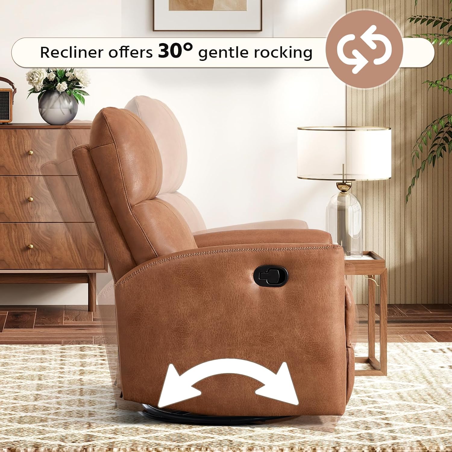 HAOMARKETS Swivel Rocker Recliner Chair, Manual Faux Leather Glider Rocking Recliners for Adults, 360° Swivel Nursery Reclining Sofa with Padded Backrest for Living Room, Dark Brown