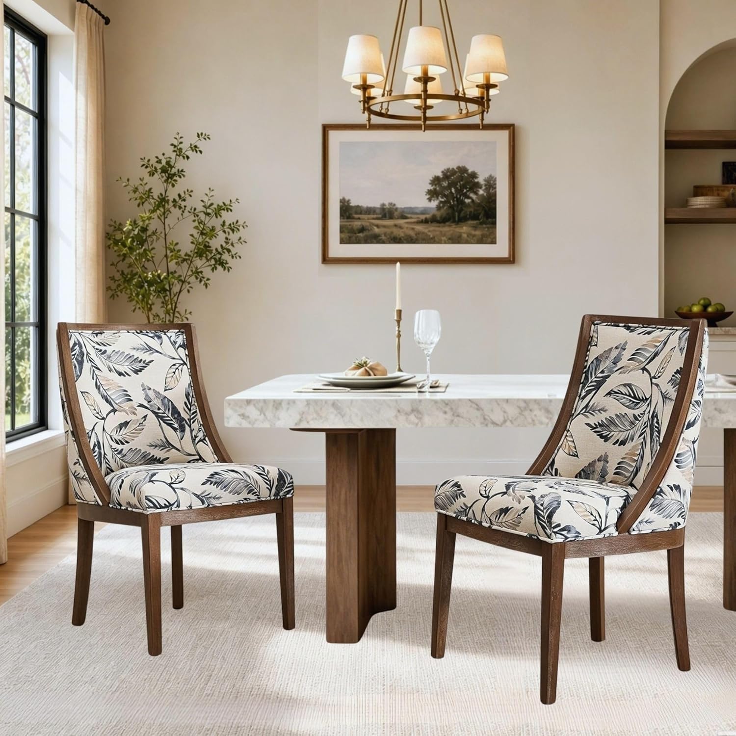 LZAREAL Farmhouse Dining Chairs Set of 2 Upholstered Dining Room Chairs with Curved High Back for Kitchen Restaurant Cafe Home, Walnut Color Wood Legs, Linen Floral Paded Seat