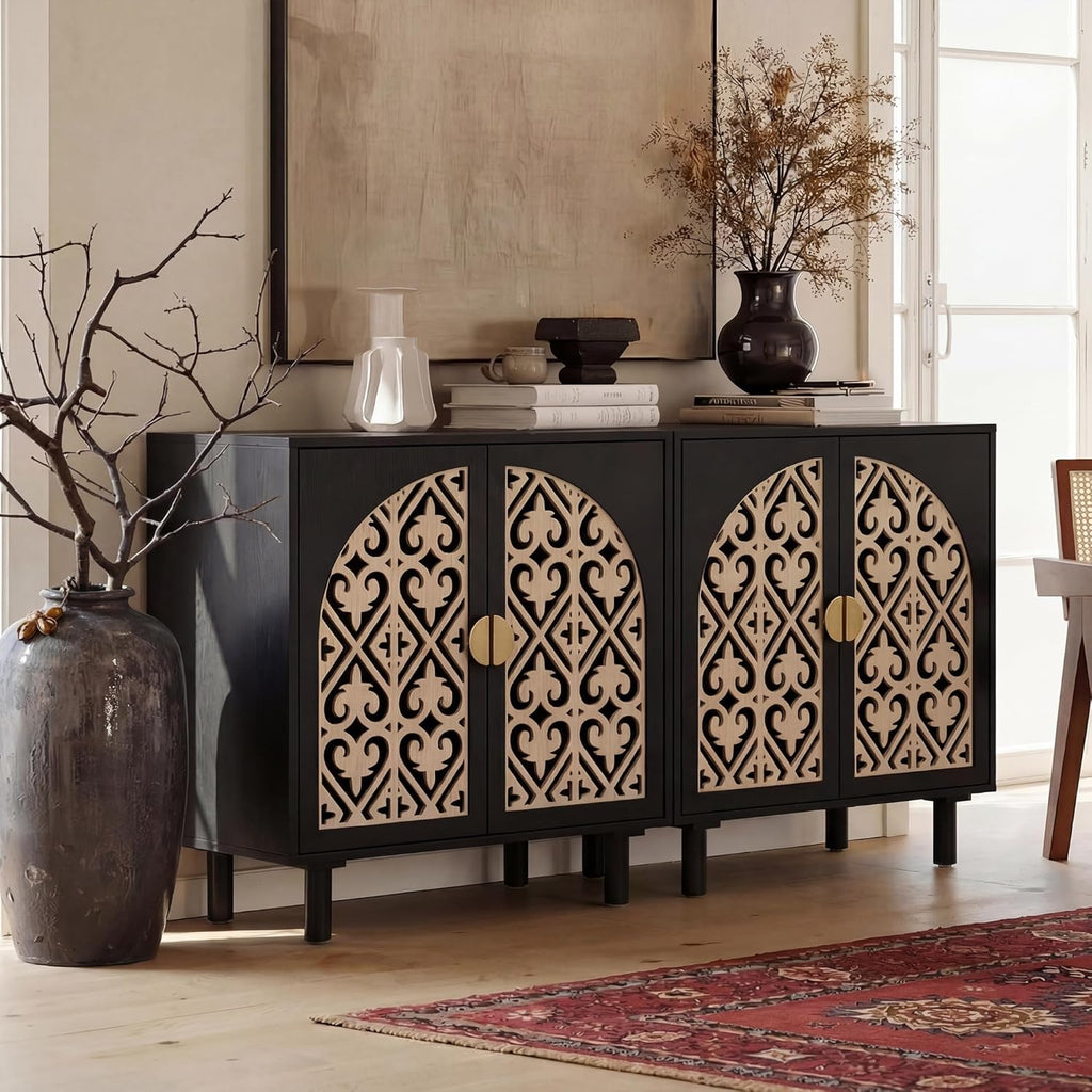 Decorative Storage Cabinet Sideboard with Hollow Carved Panels, 2 Doors, Natural Wood, 29.8 x 31.6 x 15.8 Inches. [Black, 1pc]