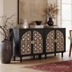 Decorative Storage Cabinet Sideboard with Hollow Carved Panels, 2 Doors, Natural Wood, 29.8 x 31.6 x 15.8 Inches. [Black, 1pc]
