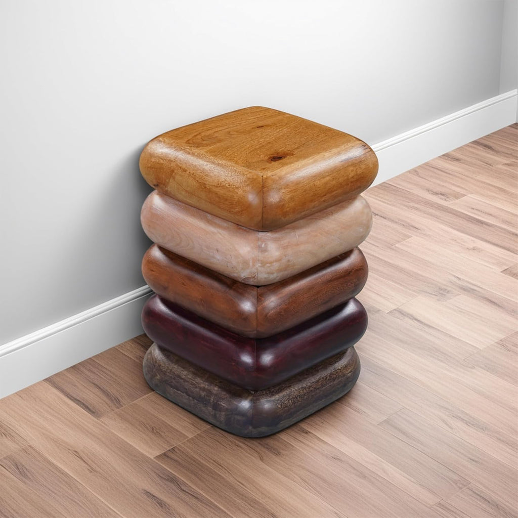 Zyra 18 Inch Side End Table, Sculptural Stacked Design, Mango and Acacia Wood Artisanship, Brown Finish, Modern Accent Table for Living Room, Bedroom, Entryway and Home Decor Display