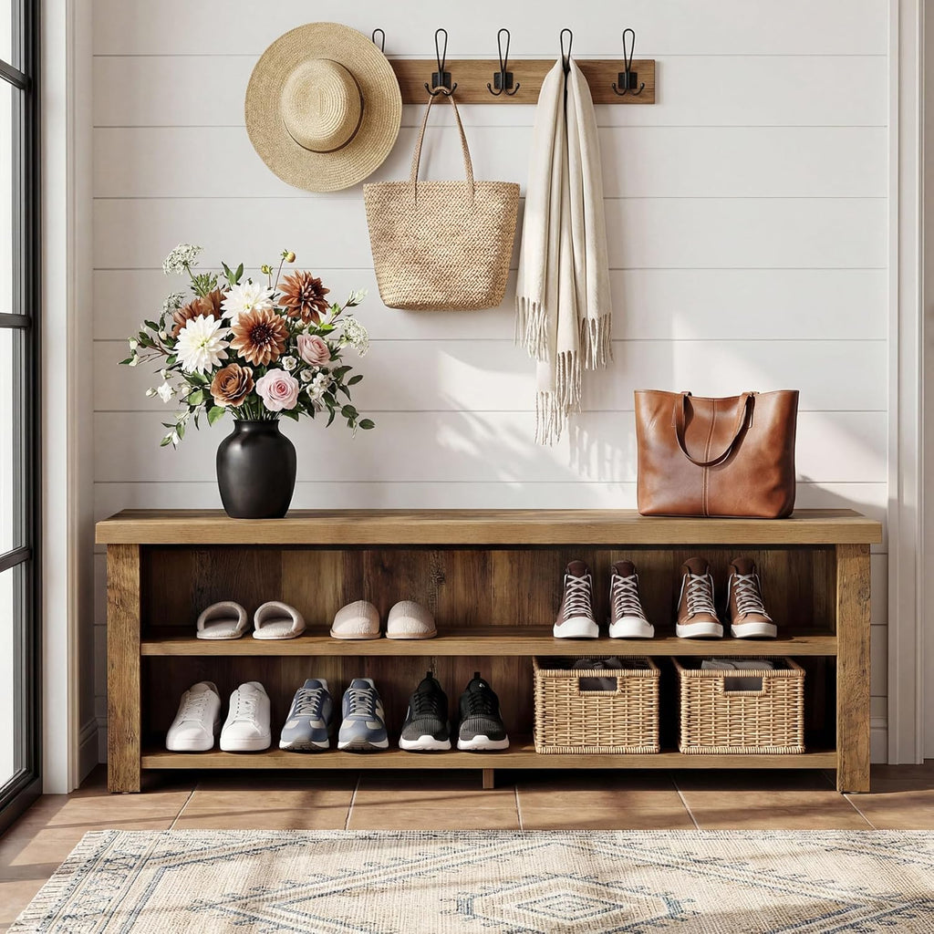 Tribesigns 55.12" Entryway Bench with Storage, Farmhouse Shoe Storage Bench with 2-Tier Shelves, Shoe Rack for Entryway, Hallway, Mudroom, Bedroom, Rustic Brown