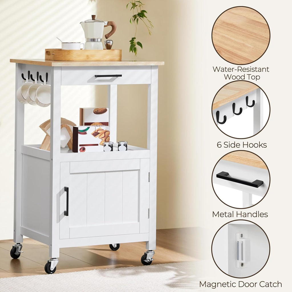 Yaheetech Kitchen Island Cart with Storage, Rolling Kitchen Island on Wheels with 6 Side Hooks, Wood Top Microwave Cart with Drawer for Dining Room, White