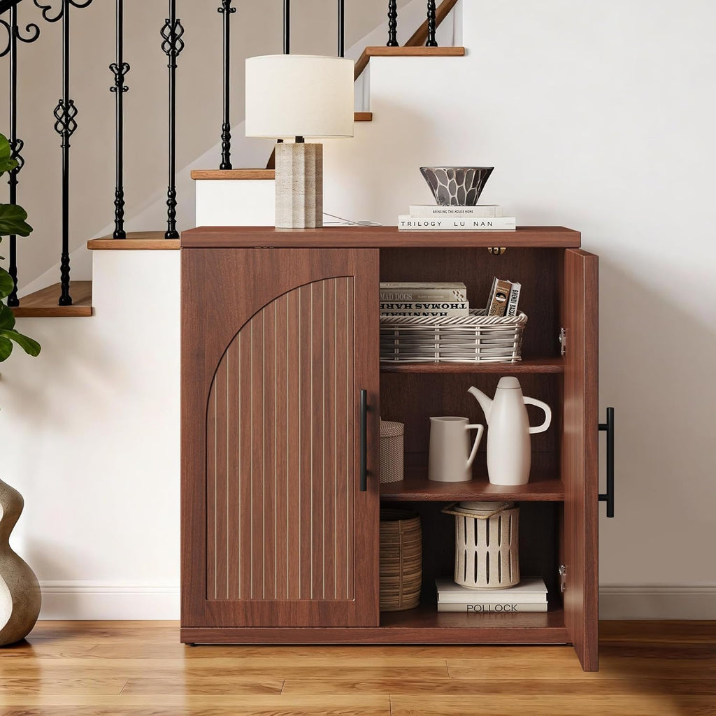 MapleGrace 31.5" Fluted Buffet Cabinet with Storage, Mid-Century Symmetrical Arched Sideboard Credenza with Adjustable Shelf, Large Wood Console Table for Dining Room, Kitchen, and Living Room(Walnut)