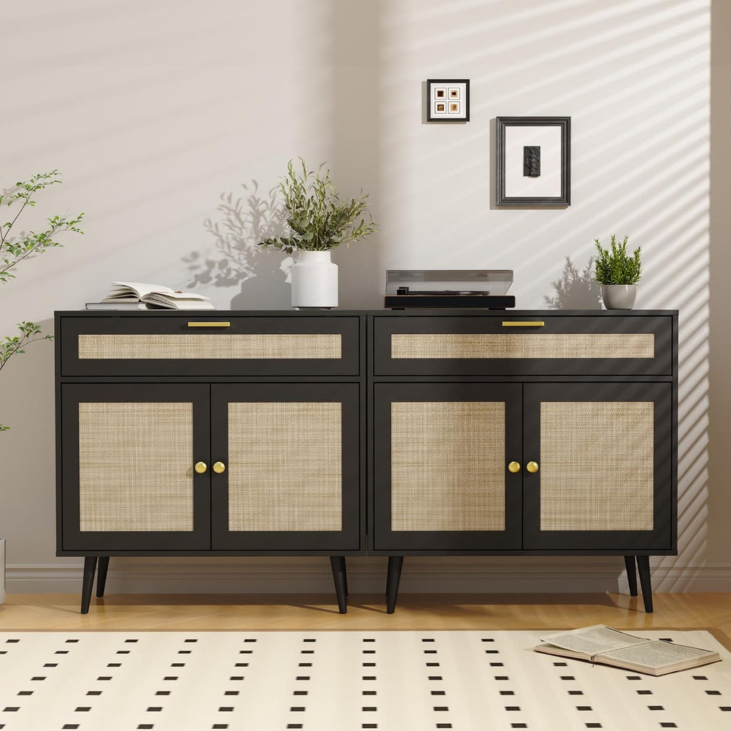 Furnify Rattan Sideboard Buffet Set of 2, Boho Kitchen Cabinet with Drawer & 2 Doors, Modern Mid Century Cabinet with Adjustable Shelf, Coffee Bar for Living Room, Entryway, Kitchen, Black