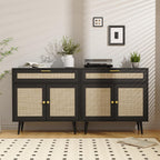 Furnify Rattan Sideboard Buffet Set of 2, Boho Kitchen Cabinet with Drawer & 2 Doors, Modern Mid Century Cabinet with Adjustable Shelf, Coffee Bar for Living Room, Entryway, Kitchen, Black