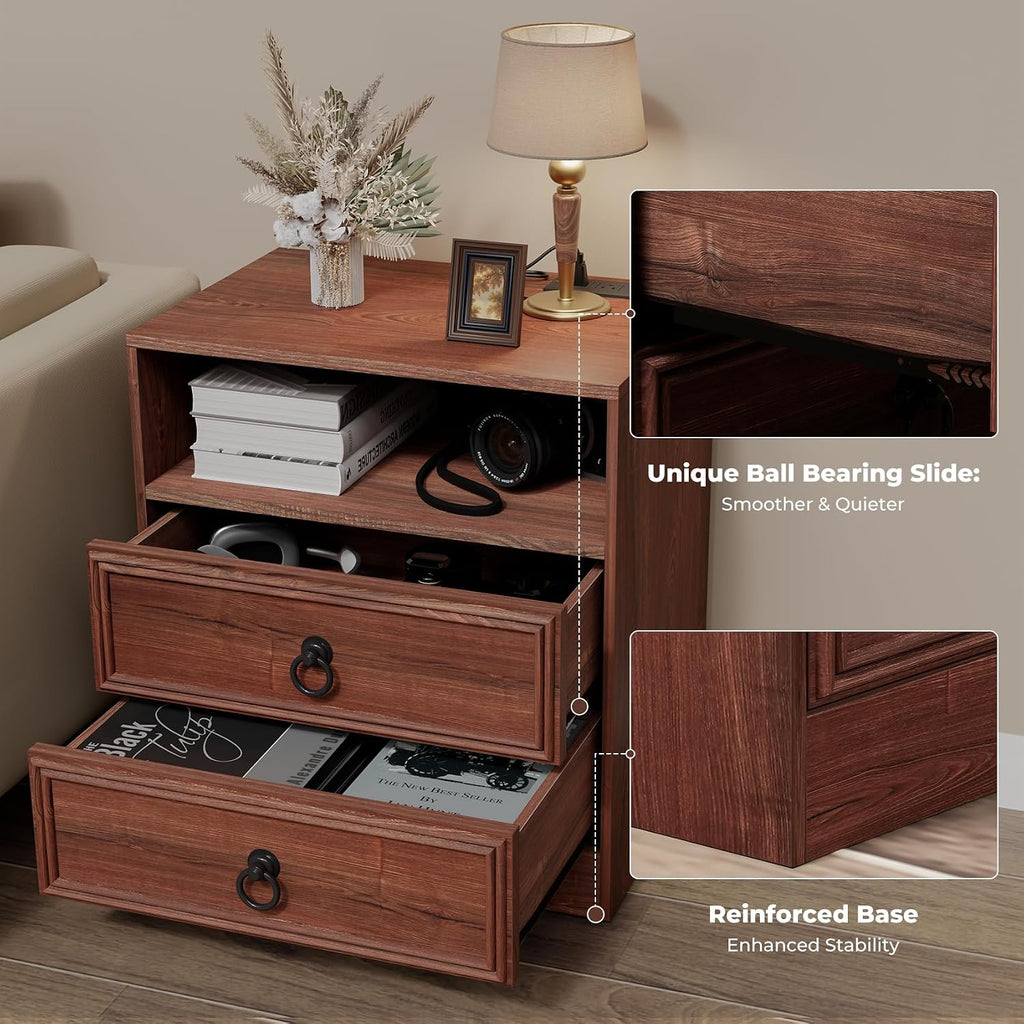Bigbiglife Farmhouse End Table with Charging Station, 21.7inch Wide Bedside Table for Living Room, Sofa Side Table with Drawers and Open Shelf, Nightstand for Bedroom(Cherry Brown)