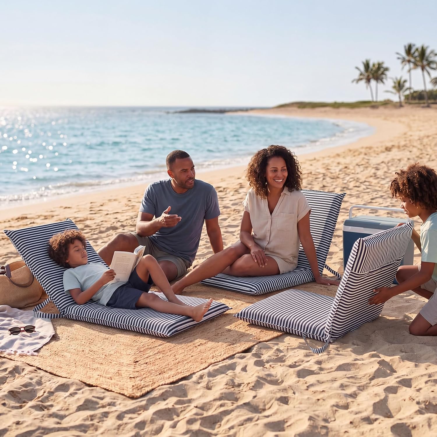 Geetery Foldable Beach Floor Chair Portable Low Seat Navy Stripe Poolside Chairs with Back Support and Carry Strap Thick Seat Cushion for Beach Camping Picnic Stadium Lawn Outdoors