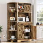 DWVO 67.3" Farmhouse Kitchen Pantry, Storage Cabinet Baker Rack with Power Outlet, Freestanding Hutch with Barn Door & Drawer, Buffet Sideboard with Microwave Stand for Dining Room, Rustic Brown