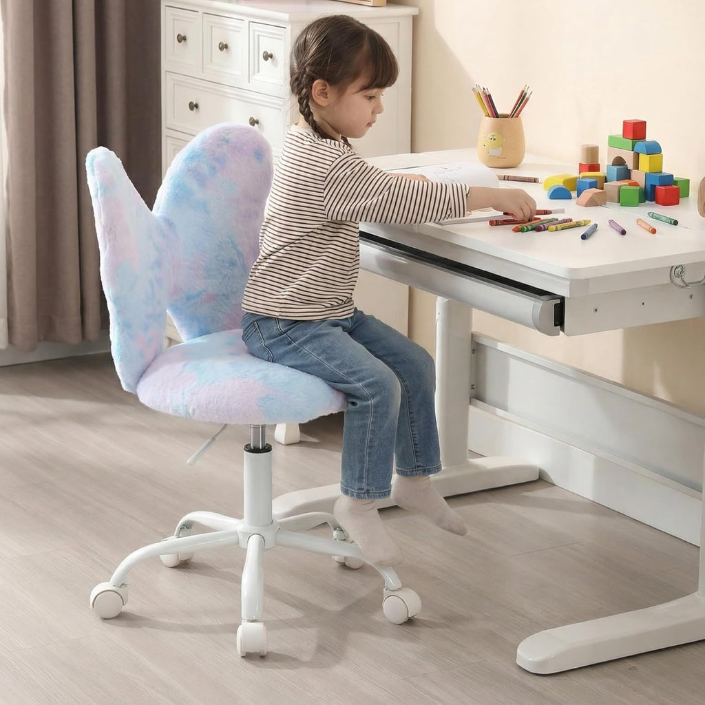 chairus Kids Desk Chair Butterfly Faux Fur Study Chair for Teenage Girls Adjustable Kids Vanity Chair for Bedroom Reading Living Room, Small Cute Student Task Chair with White Foot, Baby Blue