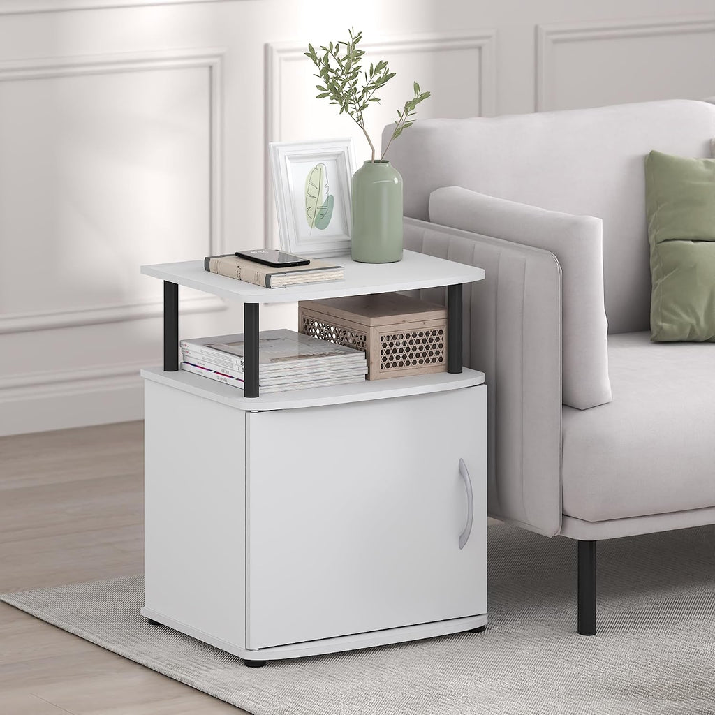 Furinno Jaya 2-Tier Side Table, White Closed Storage End Table, Night Stand, Bedside Table for Living Room, Bedroom, Home Office, Plain White/Black