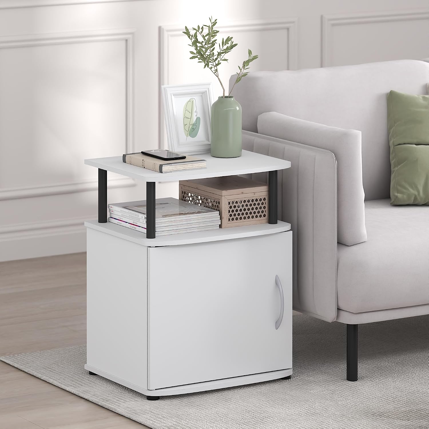 Furinno Jaya 2-Tier Side Table, White Closed Storage End Table, Night Stand, Bedside Table for Living Room, Bedroom, Home Office, Plain White/Black
